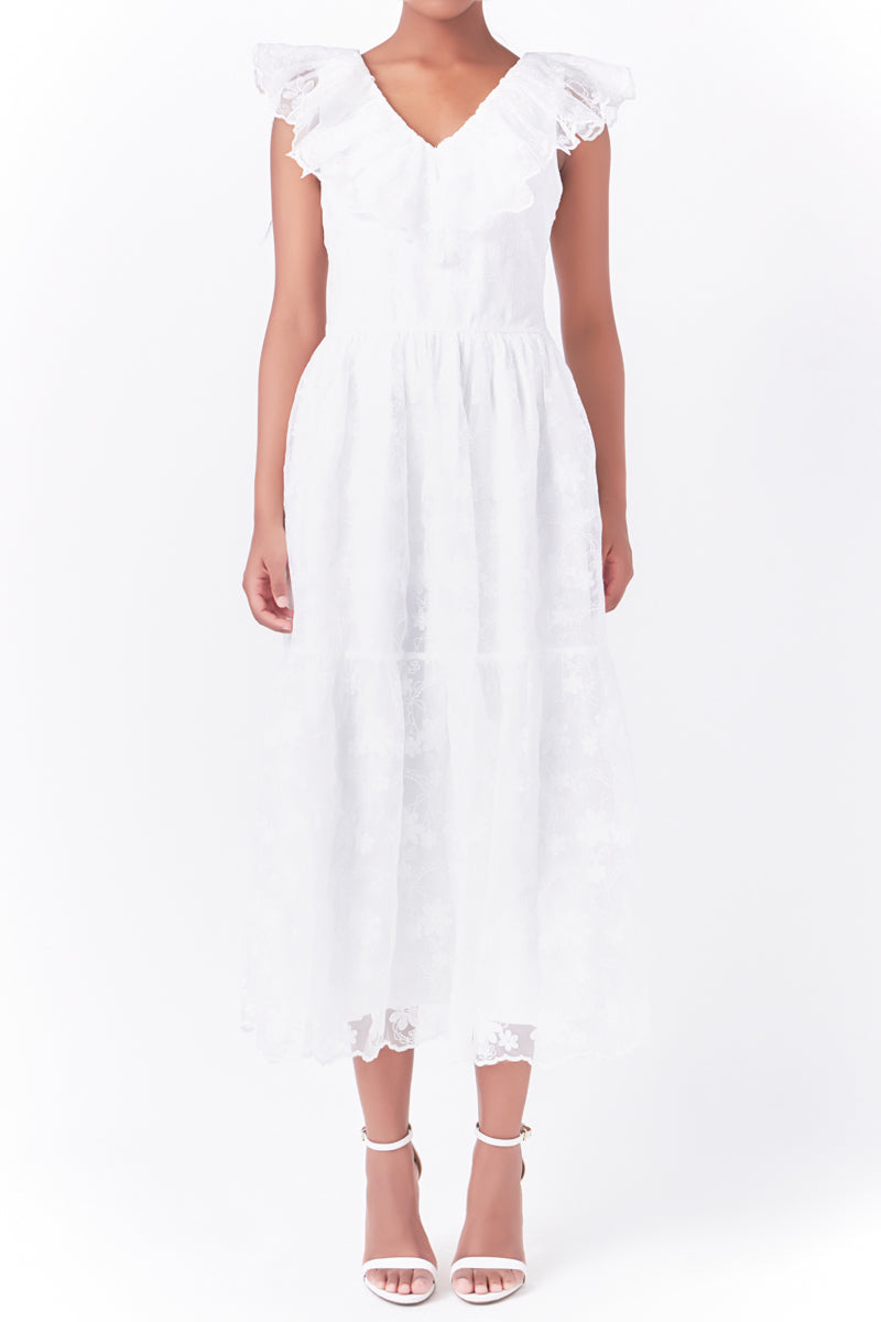 Endless Rose Floral Embroidery Organza Midi Dress OFF WHITE