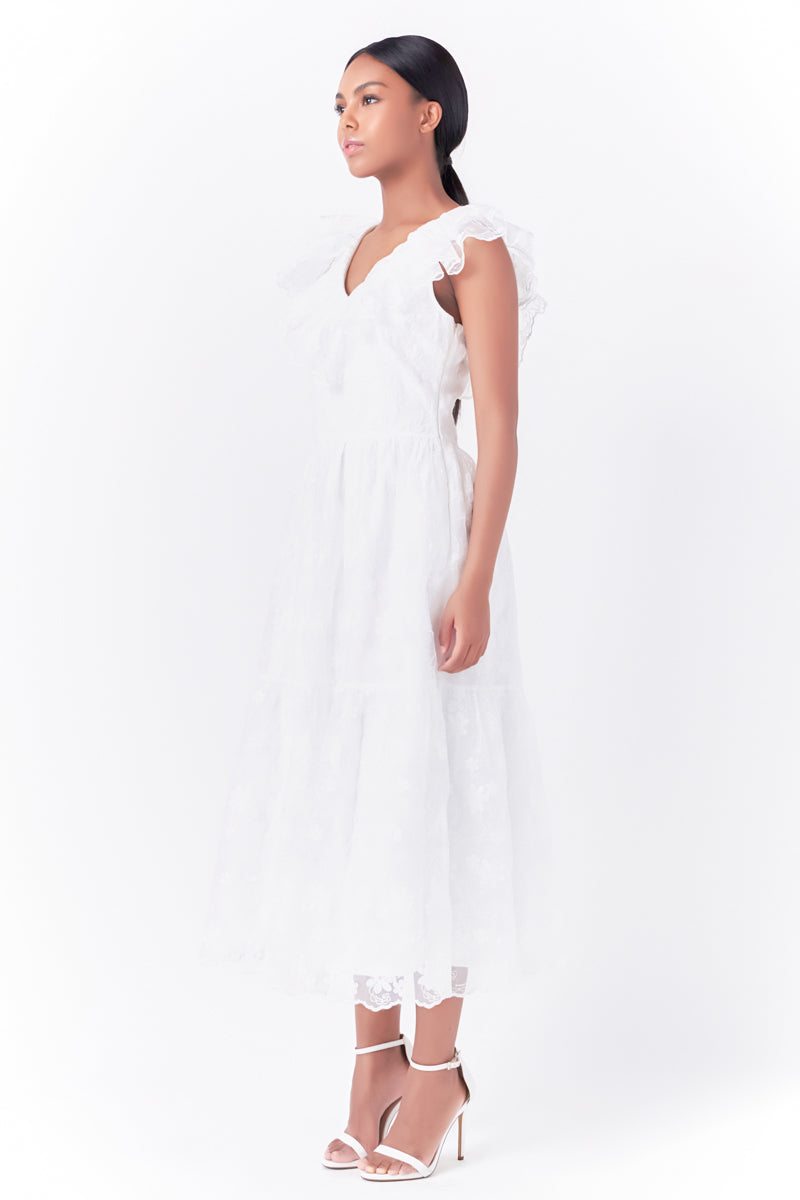 Endless Rose Floral Embroidery Organza Midi Dress OFF WHITE