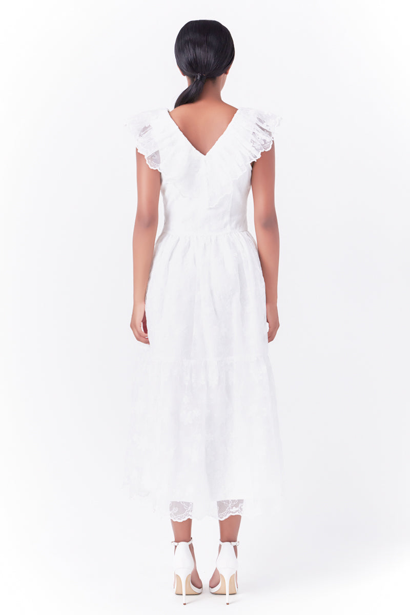 Endless Rose Floral Embroidery Organza Midi Dress OFF WHITE