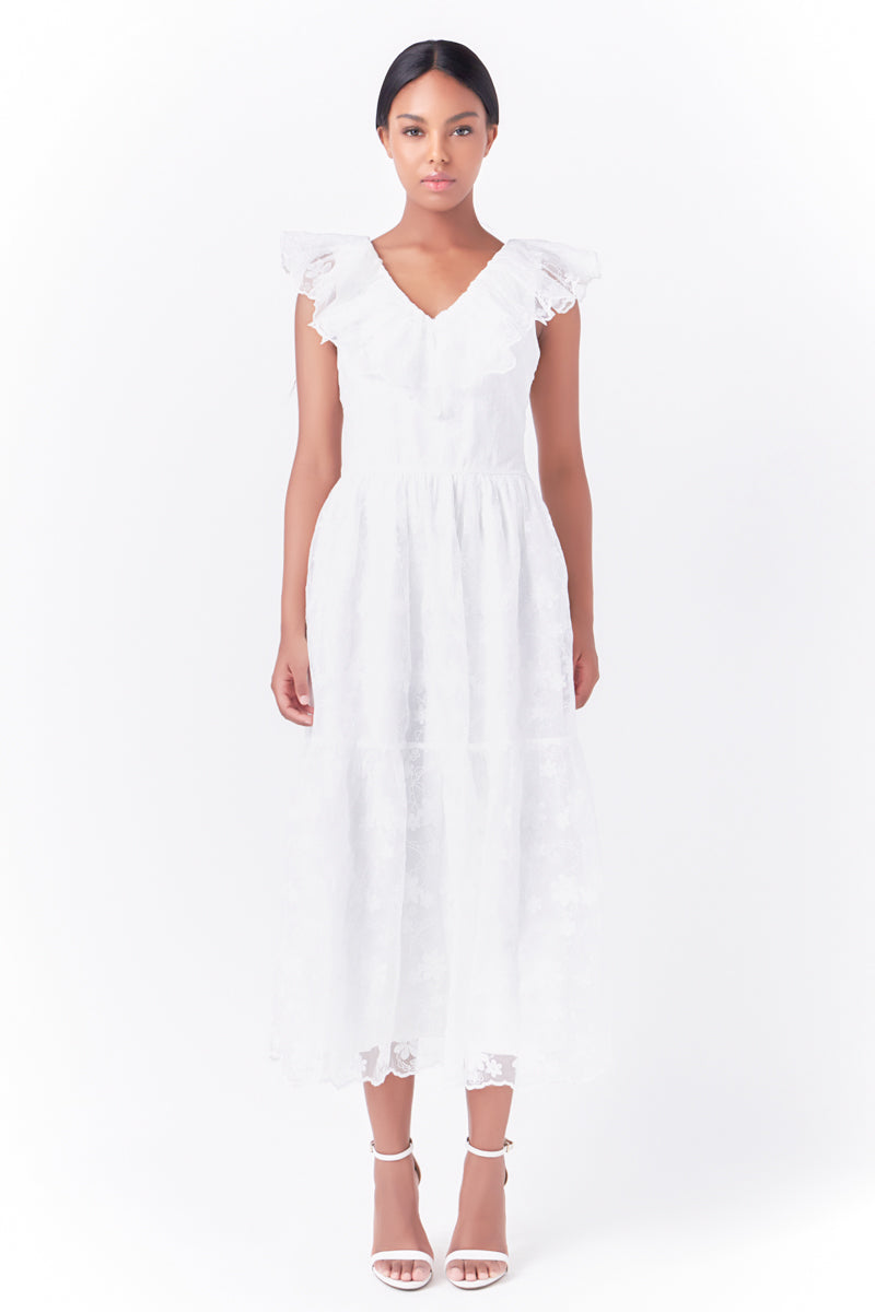 endless rose Floral Embroidery Organza Midi Dress OFF WHITE