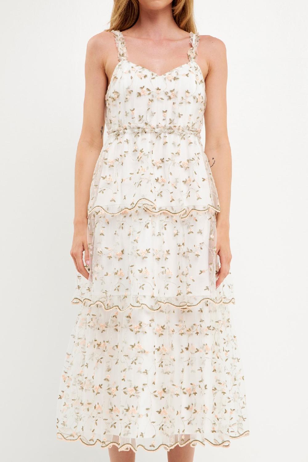 Endless Rose Floral Embroidery Scalloped Hem Tiered Dress WHITE MULTI