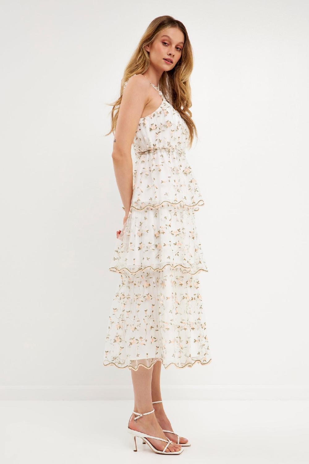Endless Rose Floral Embroidery Scalloped Hem Tiered Dress WHITE MULTI