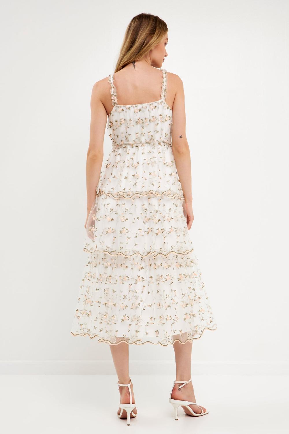 Endless Rose Floral Embroidery Scalloped Hem Tiered Dress WHITE MULTI