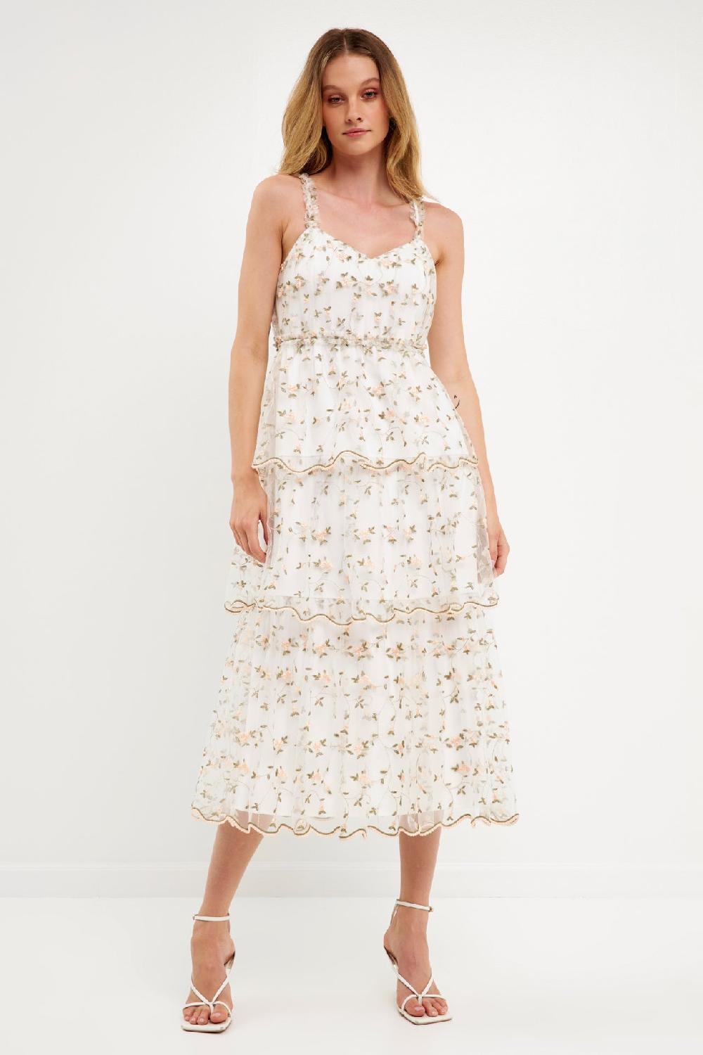 endless rose Floral Embroidery Scalloped Hem Tiered Dress WHITE MULTI