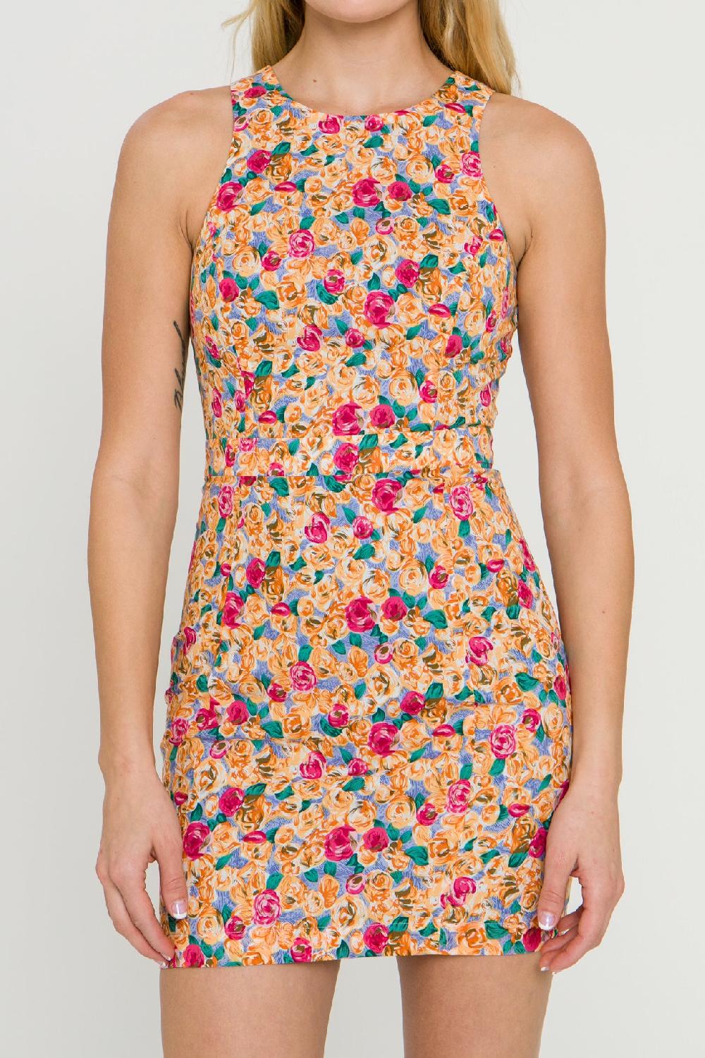 Endless Rose Floral Fitted Mini Dress With Back Cutout MULTI