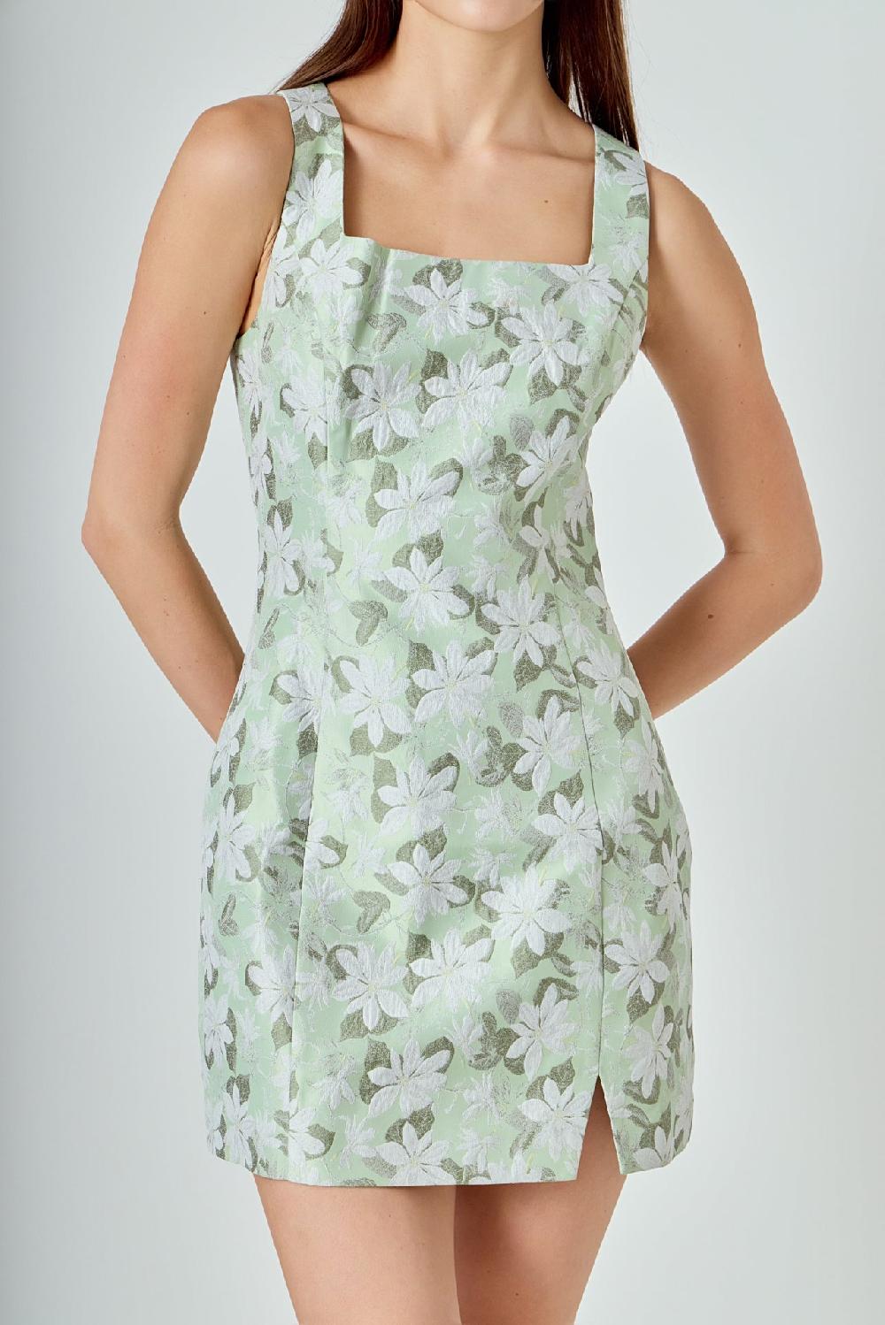 Endless Rose Floral Jacquard Front Slit Mini Dress GREEN MULTI