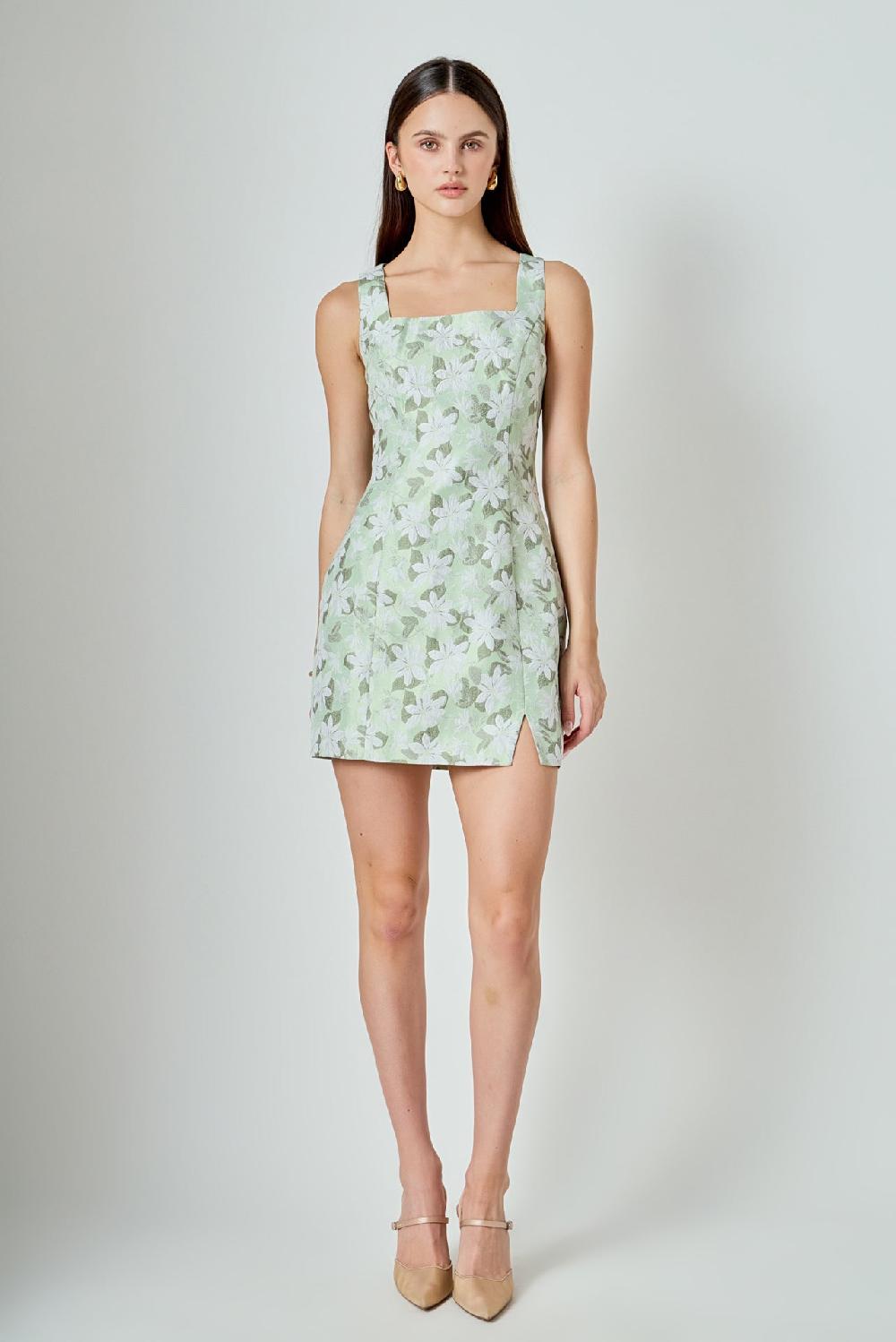 Endless Rose Floral Jacquard Front Slit Mini Dress GREEN MULTI