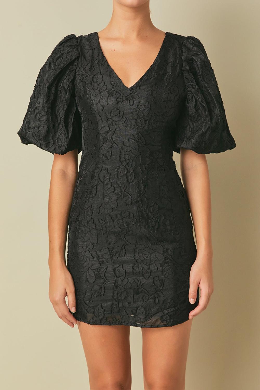 Endless Rose Floral Jacquard Puff Sleeve Mini Dress BLACK