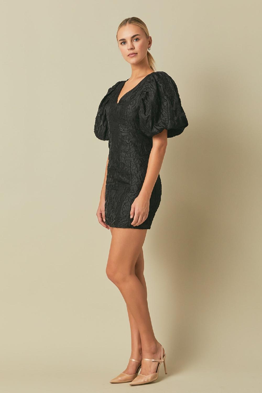 Endless Rose Floral Jacquard Puff Sleeve Mini Dress BLACK