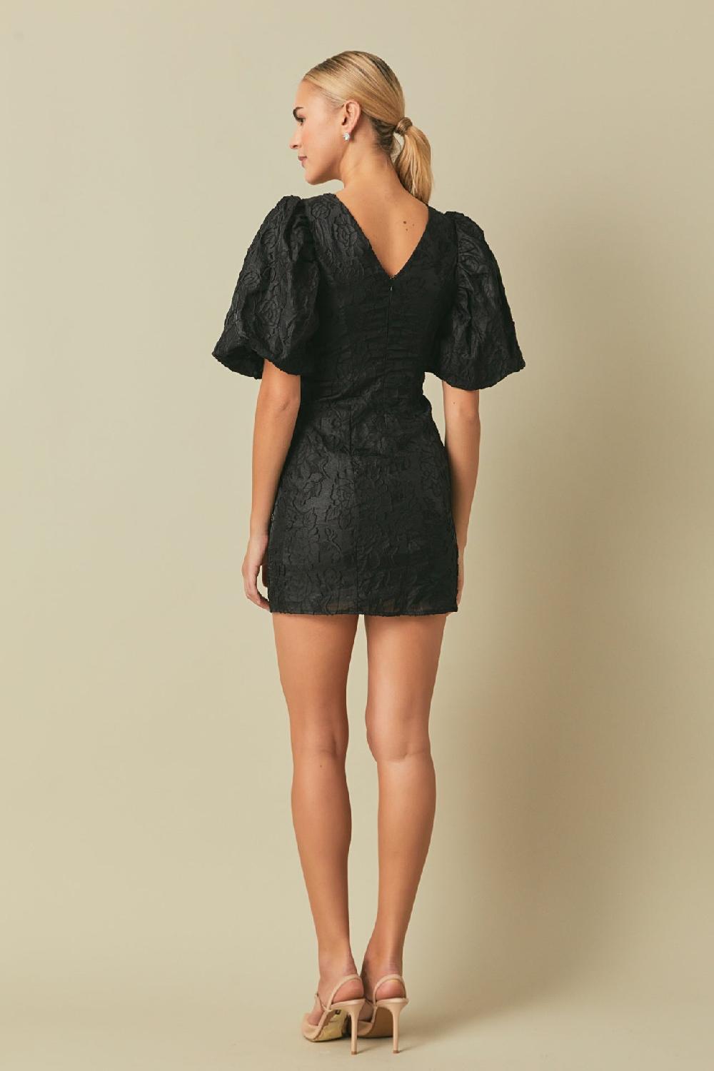 Endless Rose Floral Jacquard Puff Sleeve Mini Dress BLACK