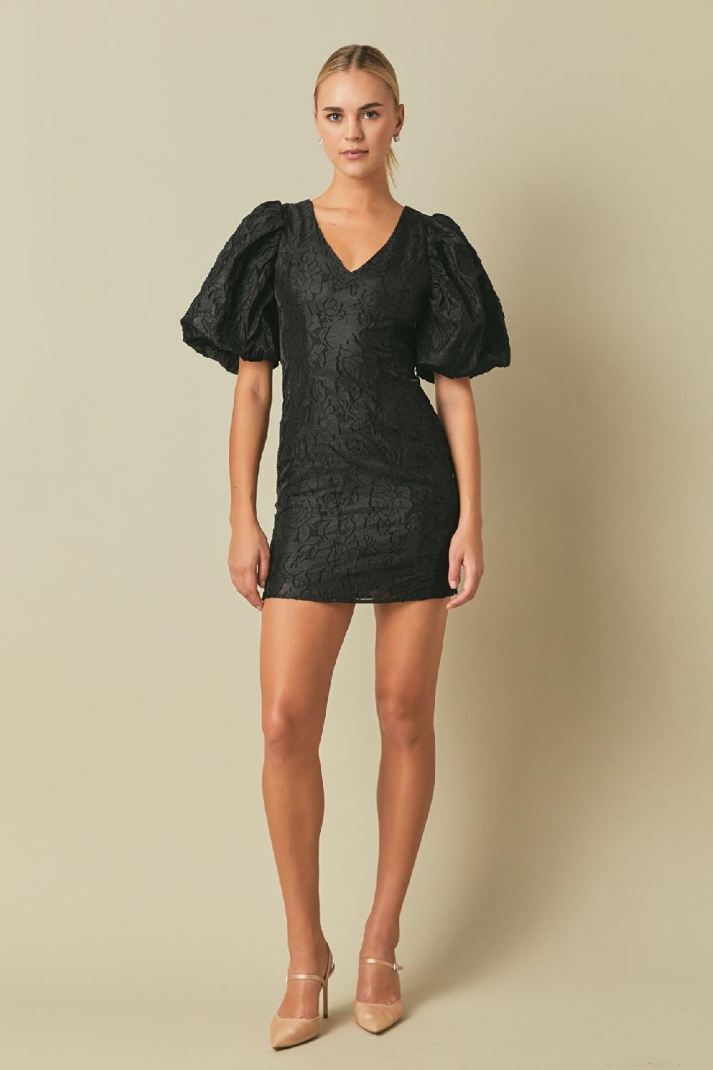 endless rose Floral Jacquard Puff Sleeve Mini Dress BLACK
