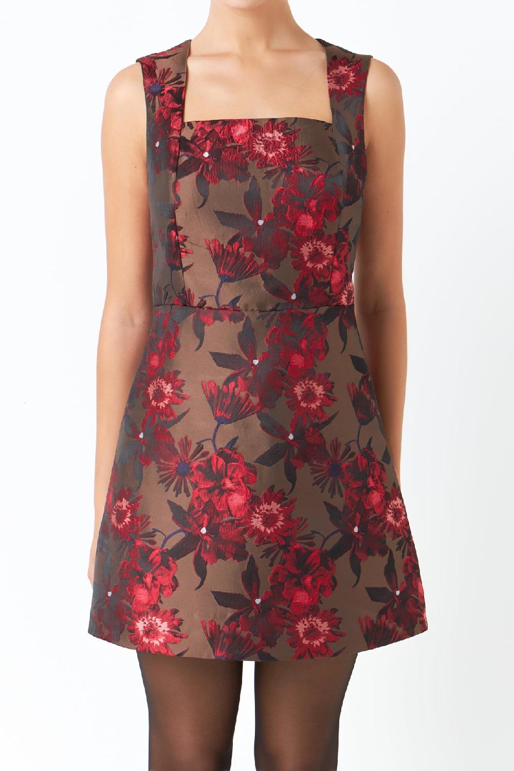 Endless Rose Floral Jacquard Sleeveless Mini Dress BROWN MULTI