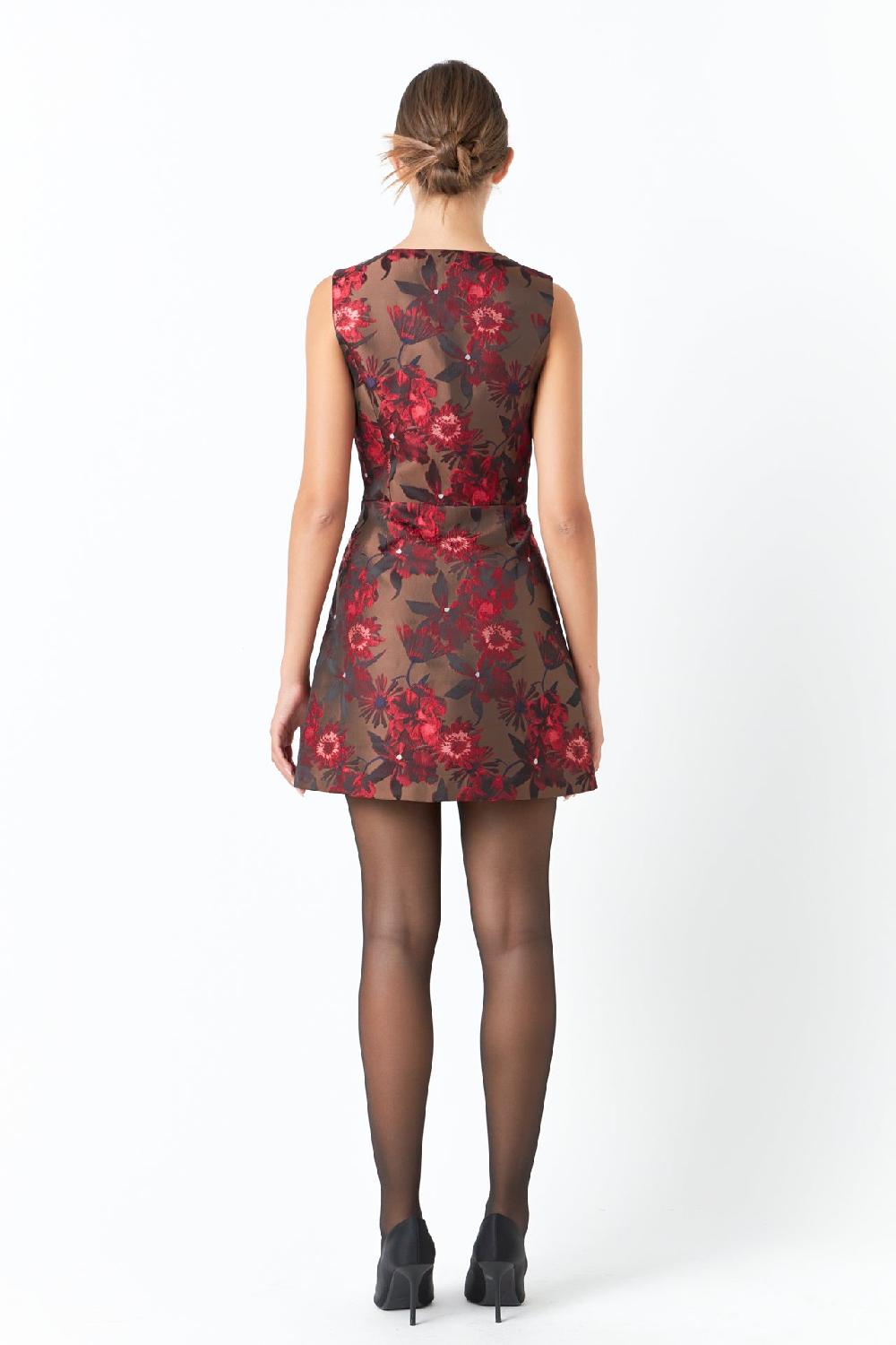 Endless Rose Floral Jacquard Sleeveless Mini Dress BROWN MULTI