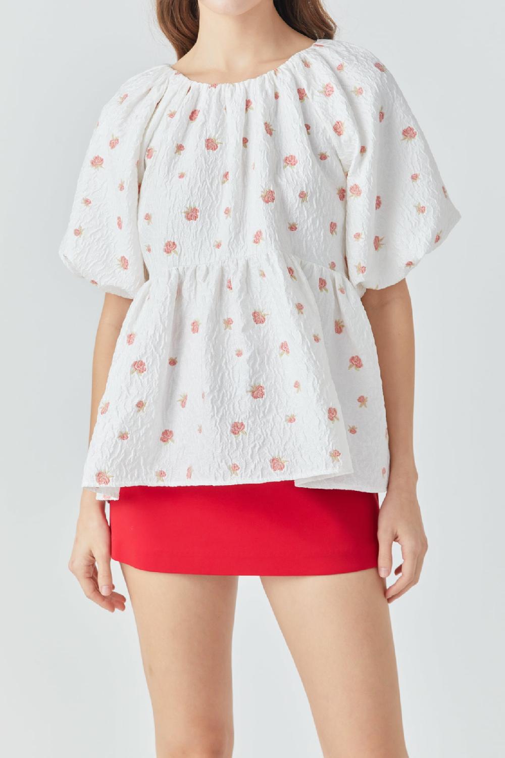 Endless Rose Floral Jacquard Spg Tie Flounce Blouse WHITE