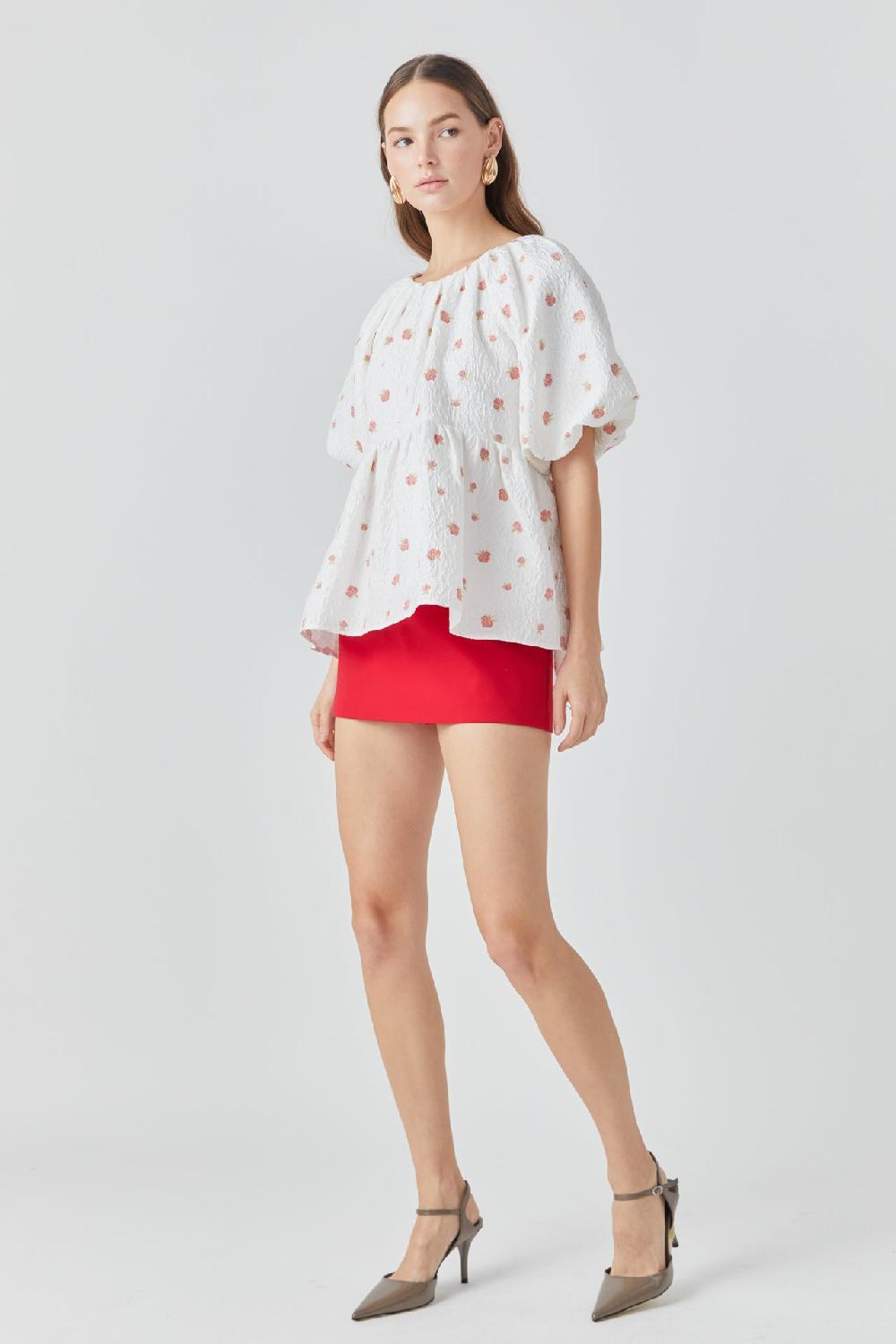 Endless Rose Floral Jacquard Spg Tie Flounce Blouse WHITE