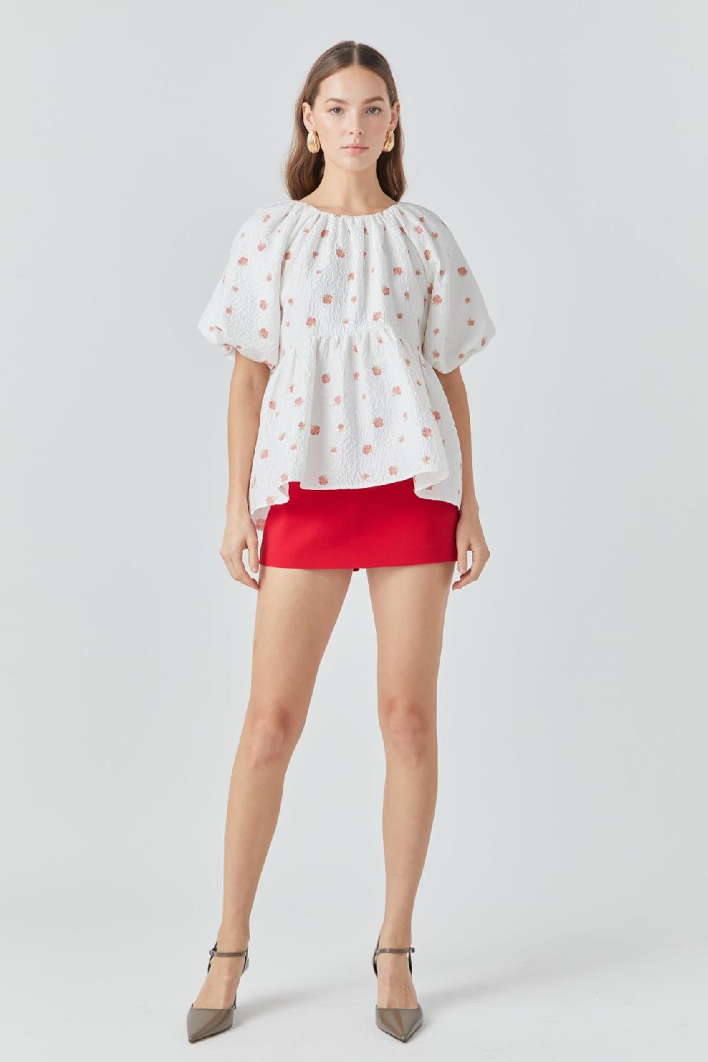 endless rose Floral Jacquard Spg Tie Flounce Blouse WHITE