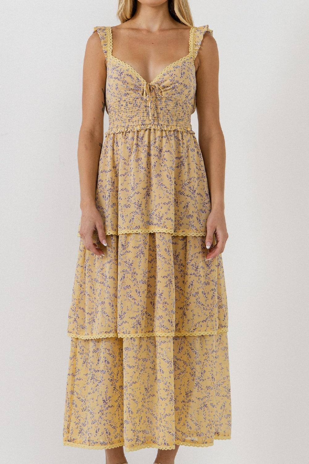 Endless Rose Floral Lace Trim Detail Maxi Dress YELLOW MULTI
