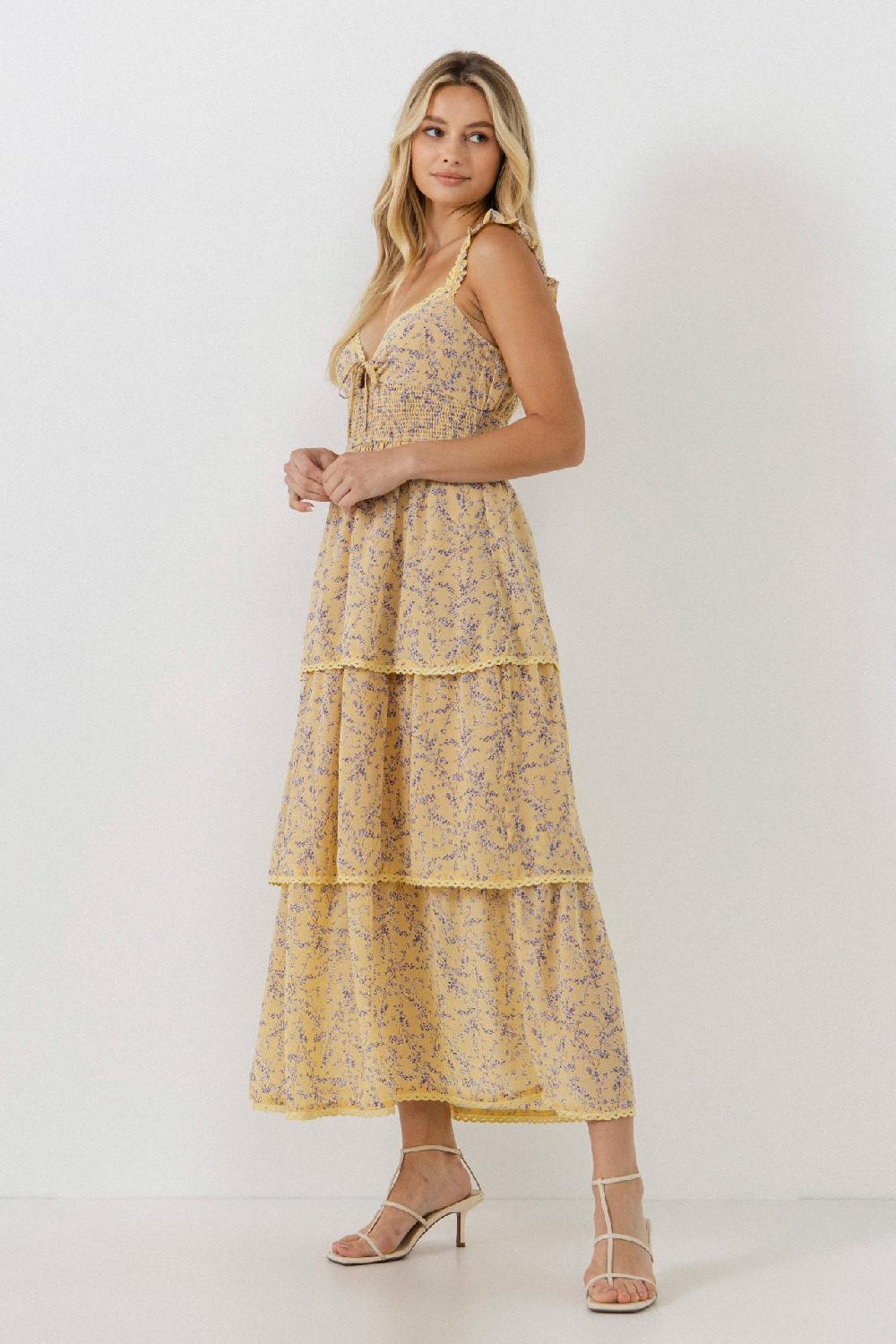 Endless Rose Floral Lace Trim Detail Maxi Dress YELLOW MULTI