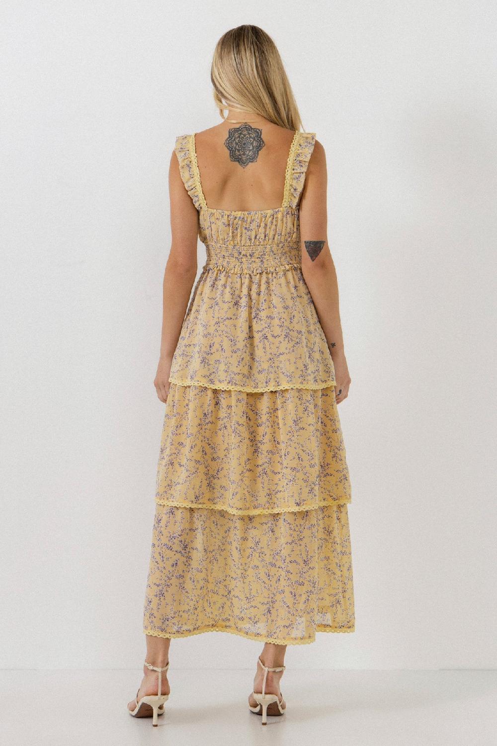 Endless Rose Floral Lace Trim Detail Maxi Dress YELLOW MULTI