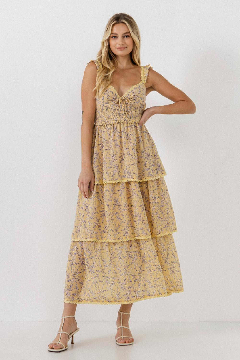 endless rose Floral Lace Trim Detail Maxi Dress YELLOW MULTI
