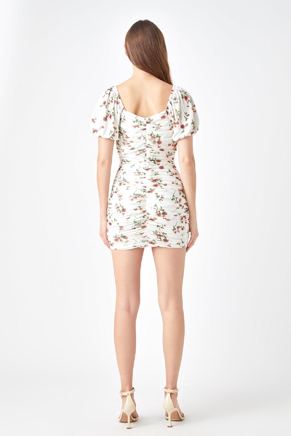 Endless Rose Floral Mesh Ruched Mini Dress With Short Sleeves WHITE MULTI