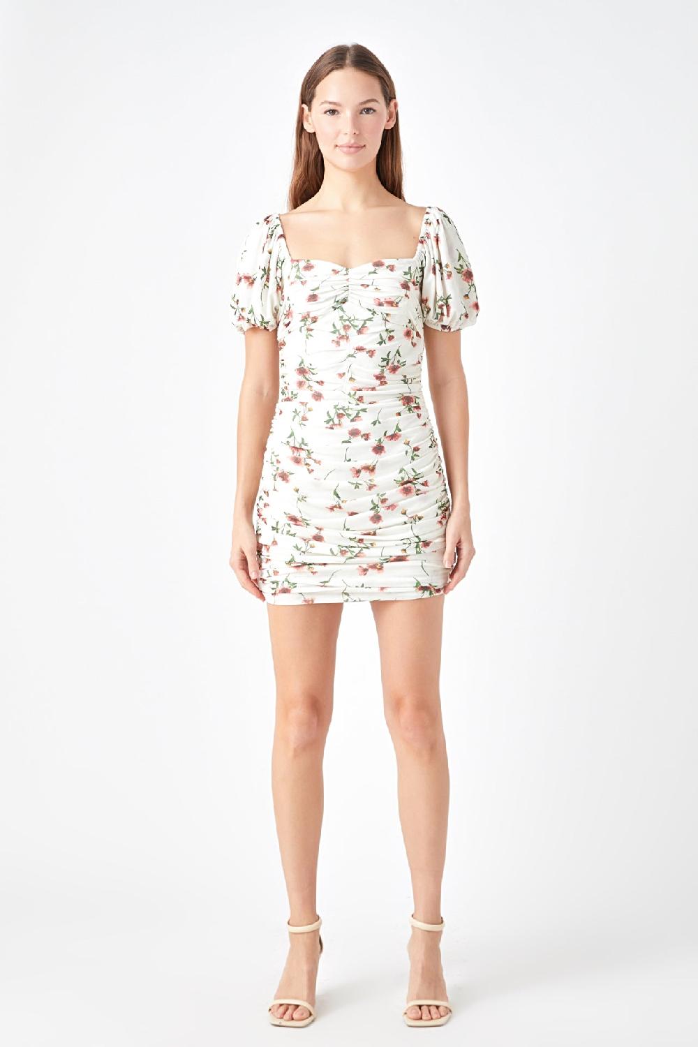 endless rose Floral Mesh Ruched Mini Dress with Short Sleeves WHITE MULTI