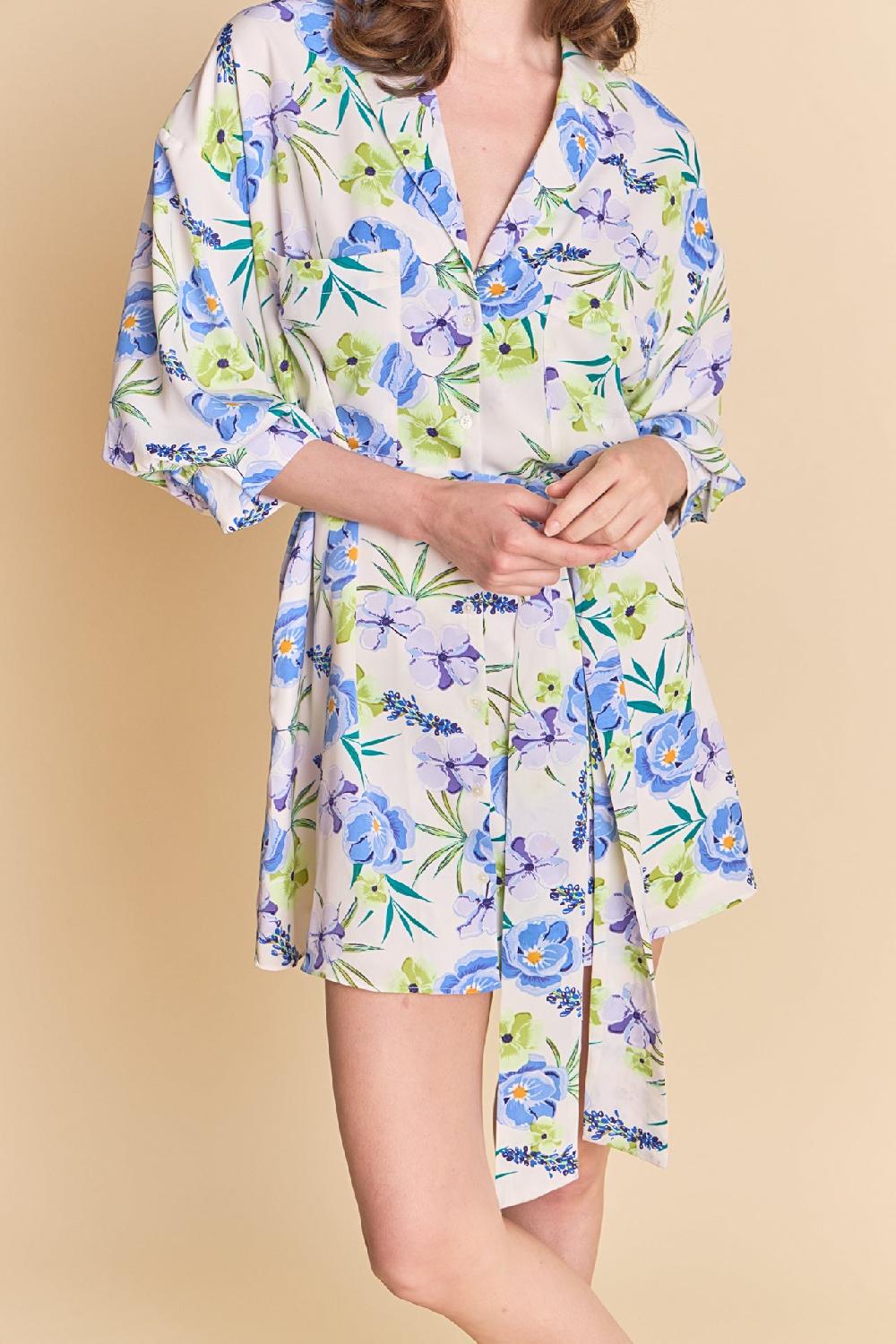 Endless Rose Floral Print Belted Collared Dress BLUE