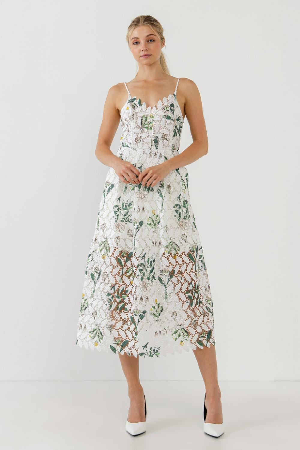 endless rose Floral Printed Lace Midi Dress WHITE MULTI