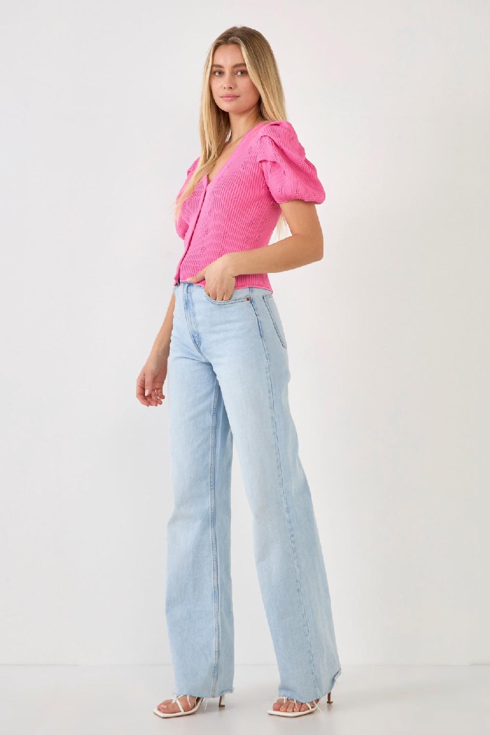 Endless Rose Floral Puff Short Sleeve Cardigan PINK