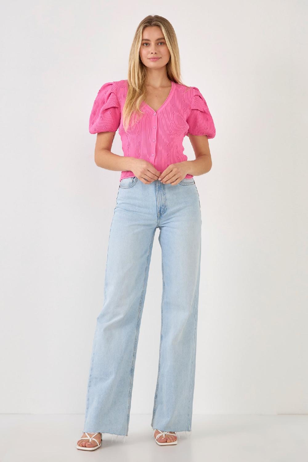 endless rose Floral Puff Short Sleeve Cardigan PINK