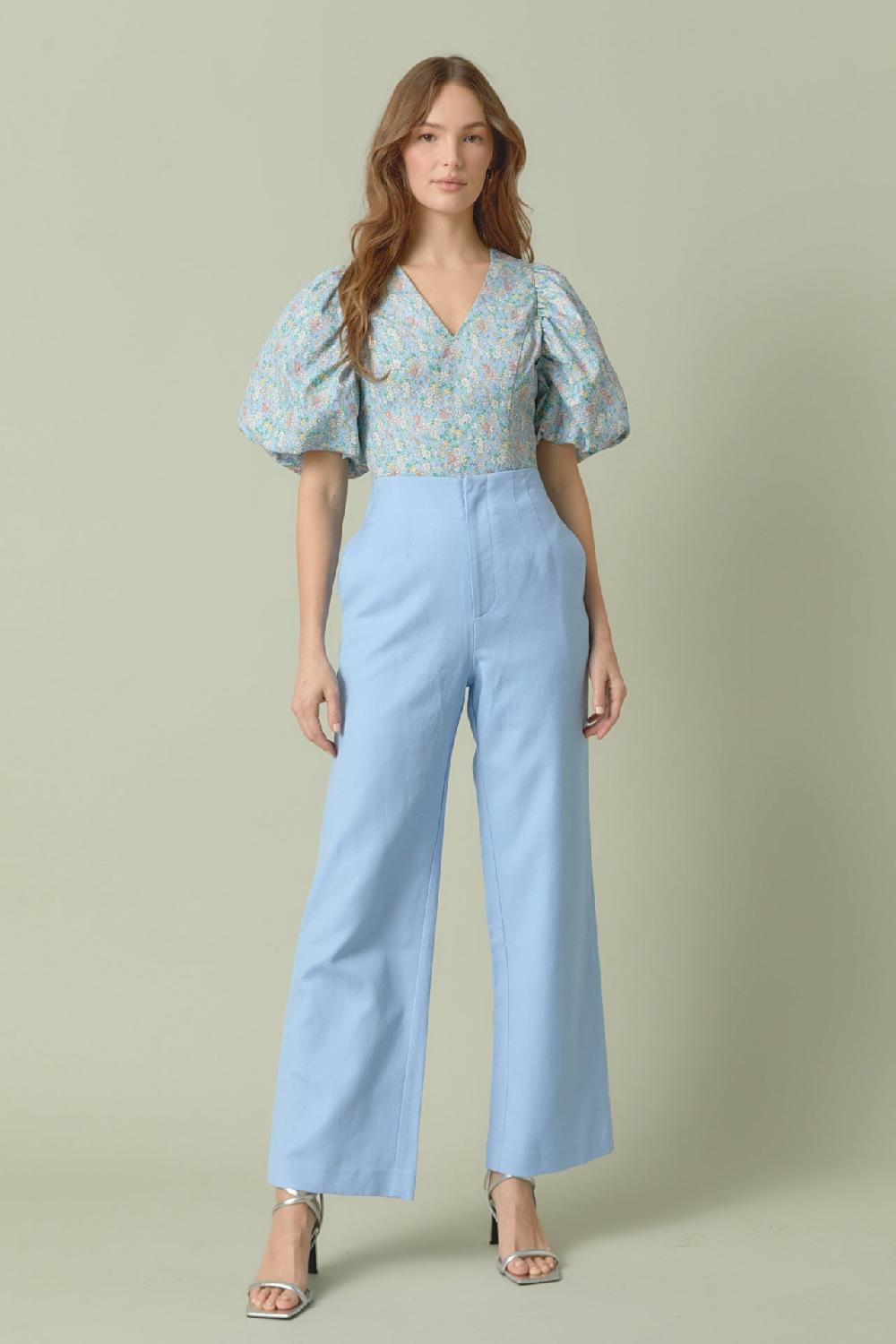 endless rose Floral Puff Sleeve Cropped Top BLUE MULTI