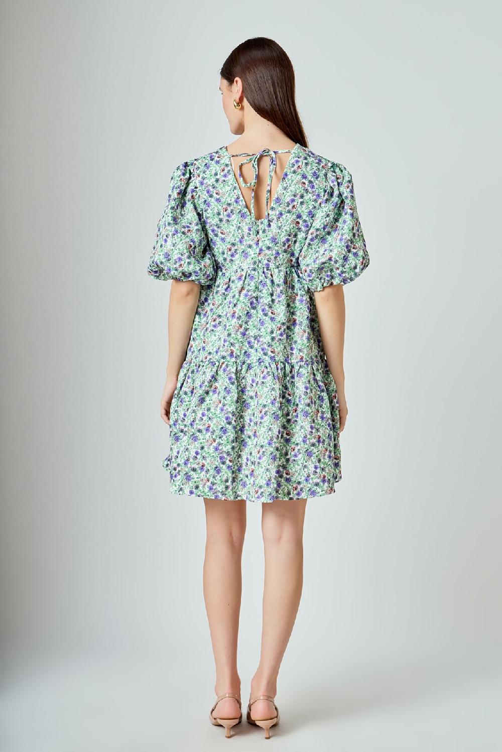 Endless Rose Floral Puff Sleeve Jacquard High Low Dress WHITE/PURPLE