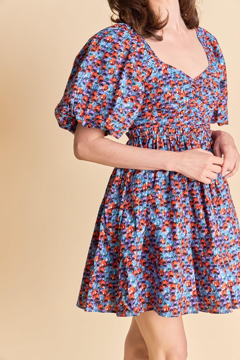 Endless Rose Floral Ruched Poplin Mini Dress BLUE/PURPLE