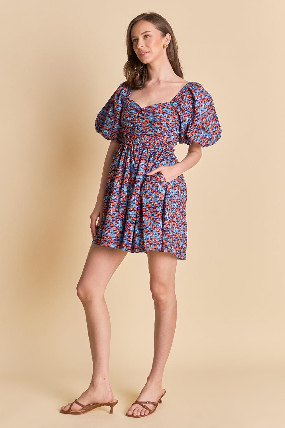 Endless Rose Floral Ruched Poplin Mini Dress BLUE/PURPLE