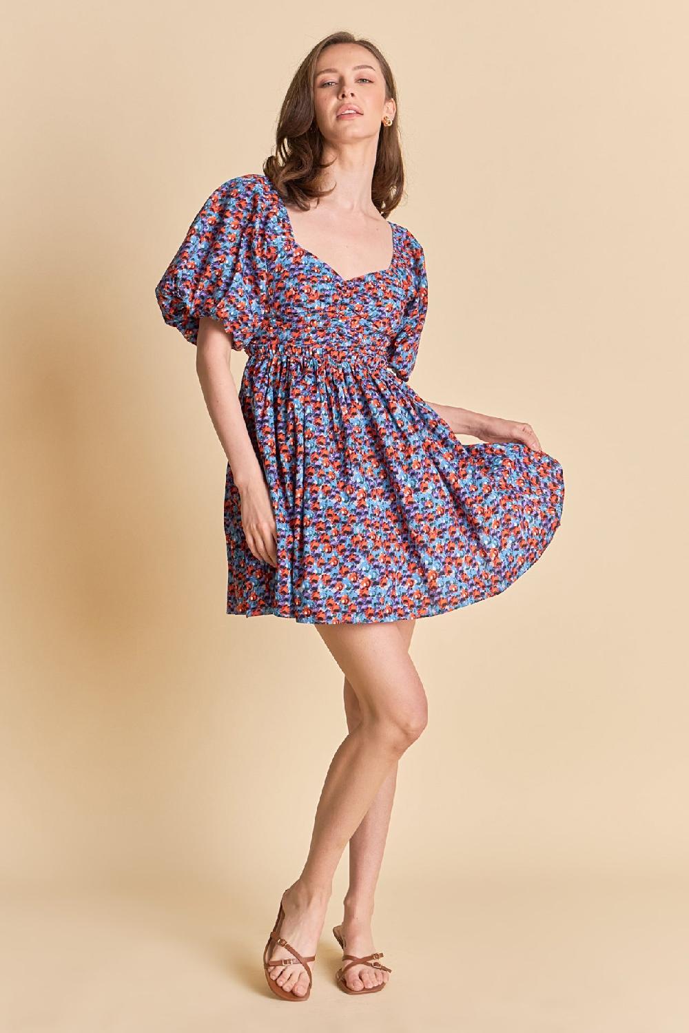 endless rose Floral Ruched Poplin Mini Dress BLUE/PURPLE