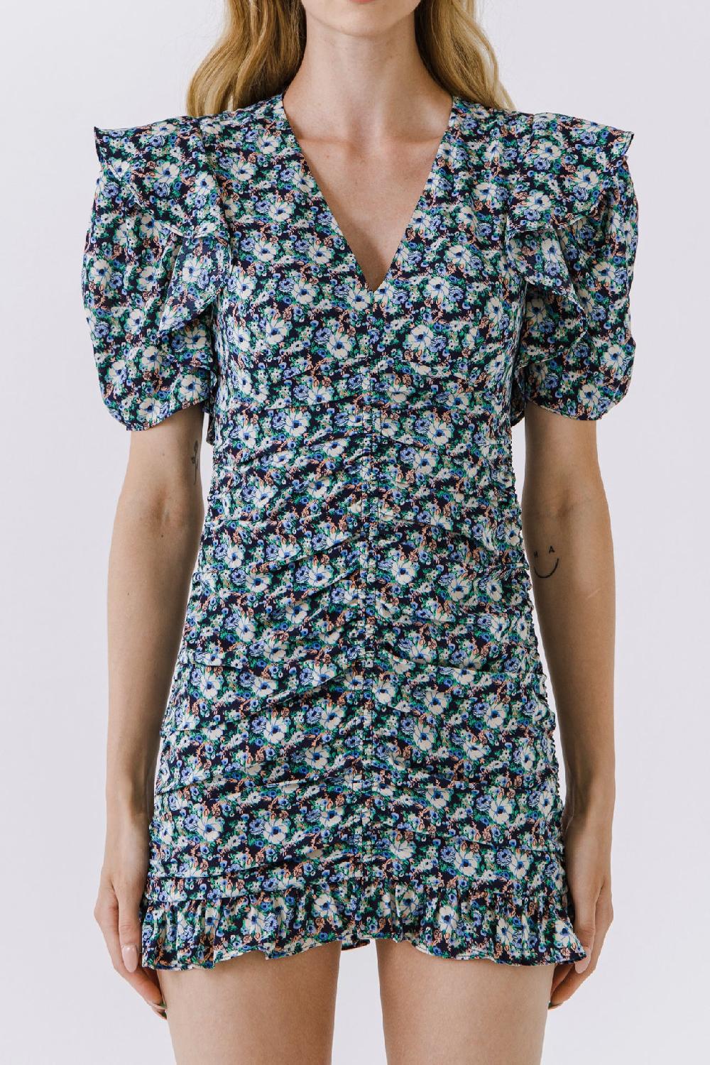 Endless Rose Floral V-neck Shirring Dress NAVY MULTI