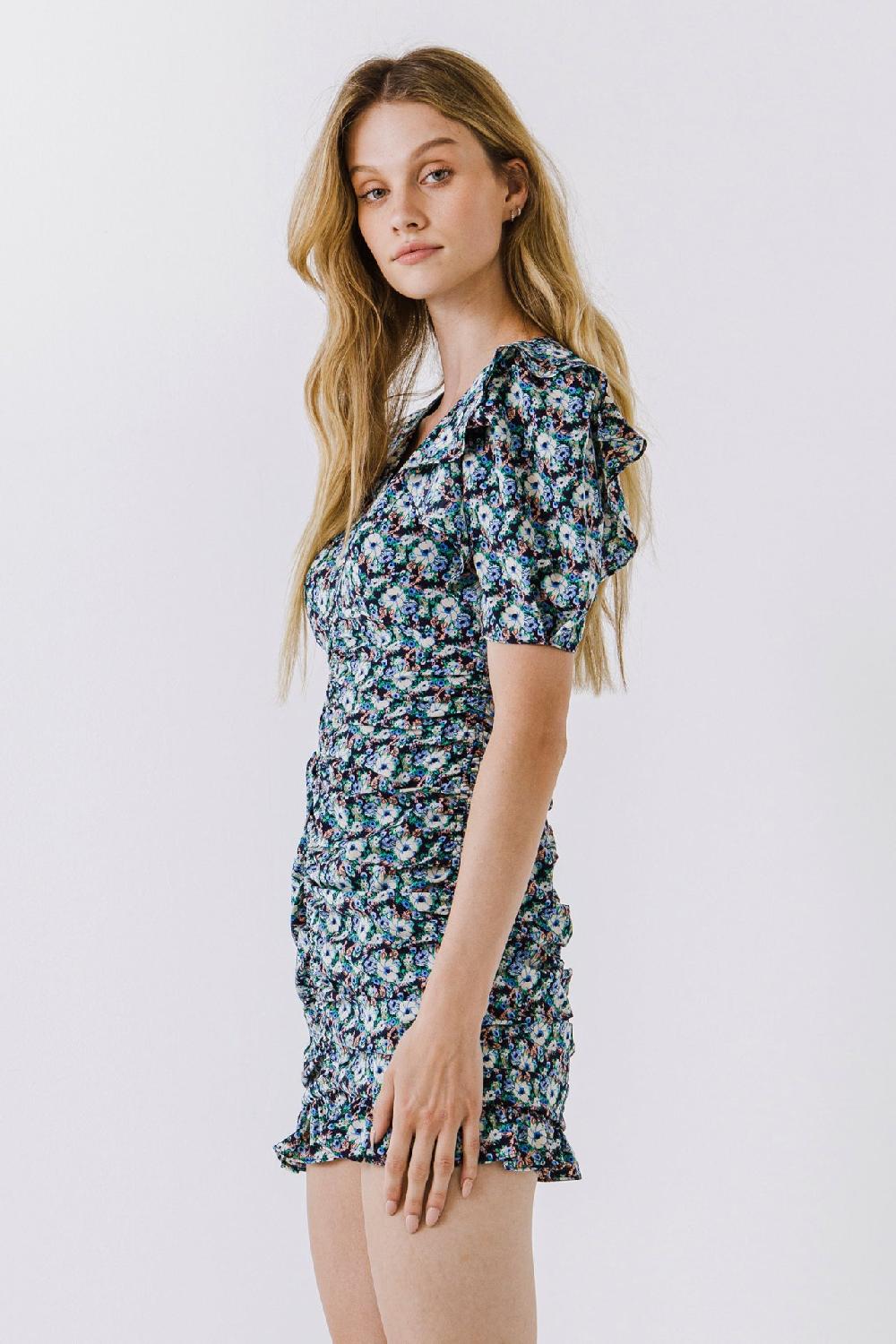 Endless Rose Floral V-neck Shirring Dress NAVY MULTI