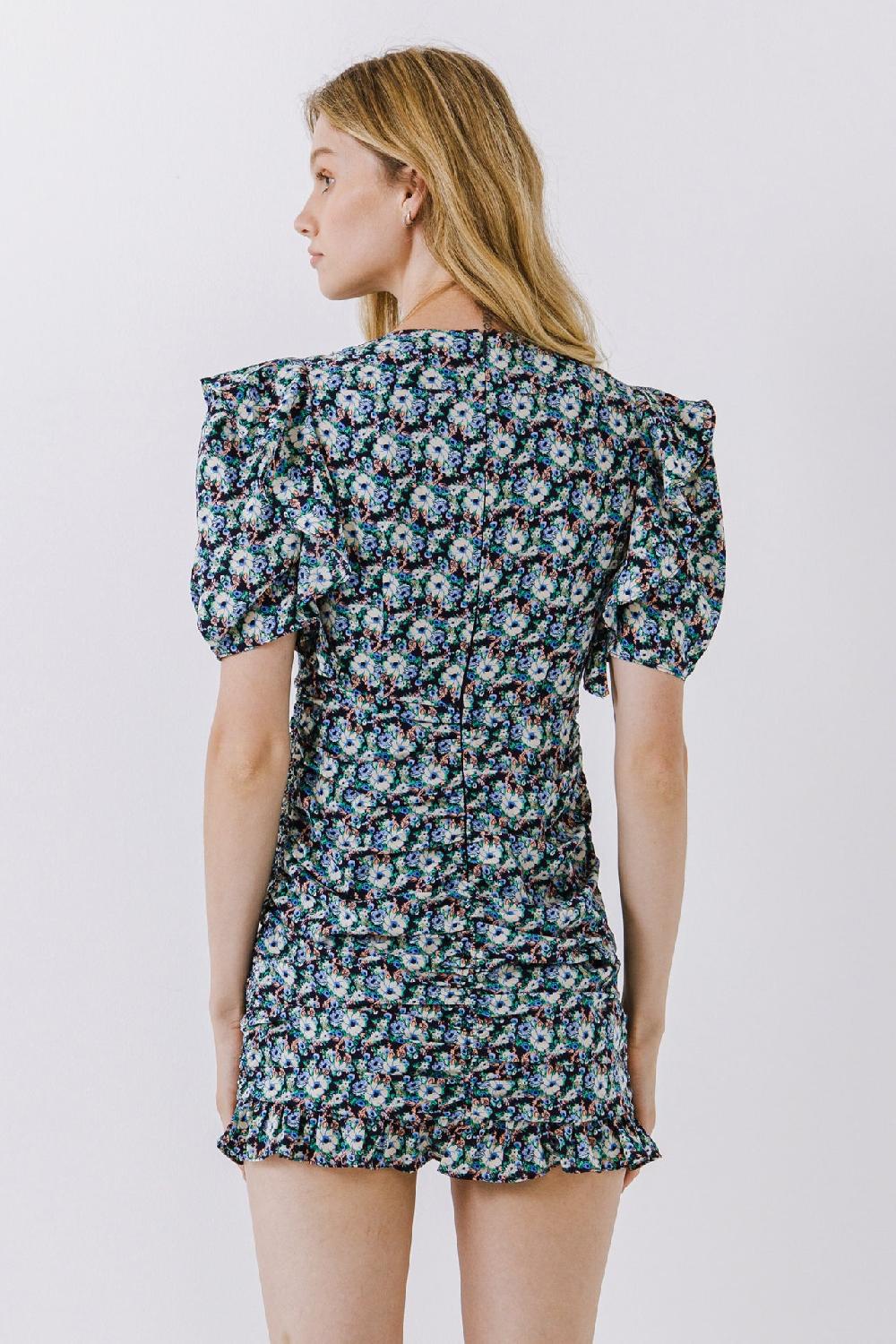 Endless Rose Floral V-neck Shirring Dress NAVY MULTI