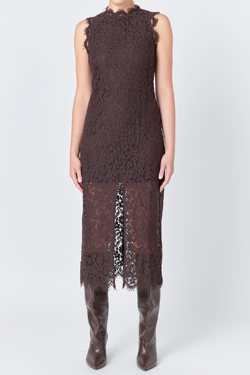 Endless Rose Front Slit Sleeveless Lace Maxi Dress ESPRESSO