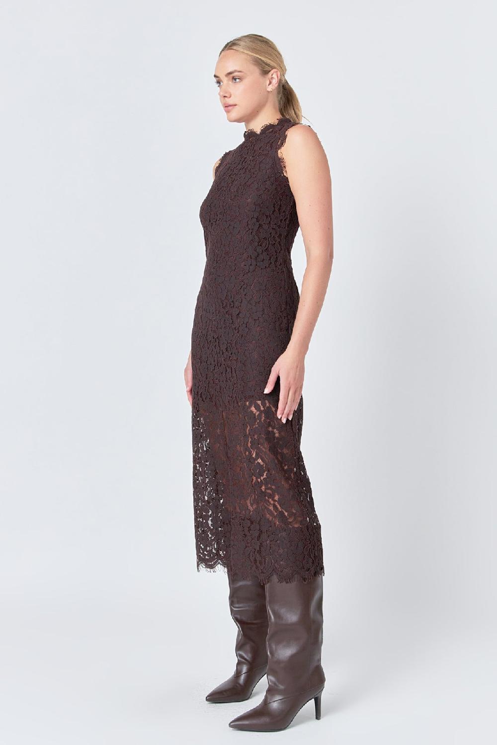 Endless Rose Front Slit Sleeveless Lace Maxi Dress ESPRESSO