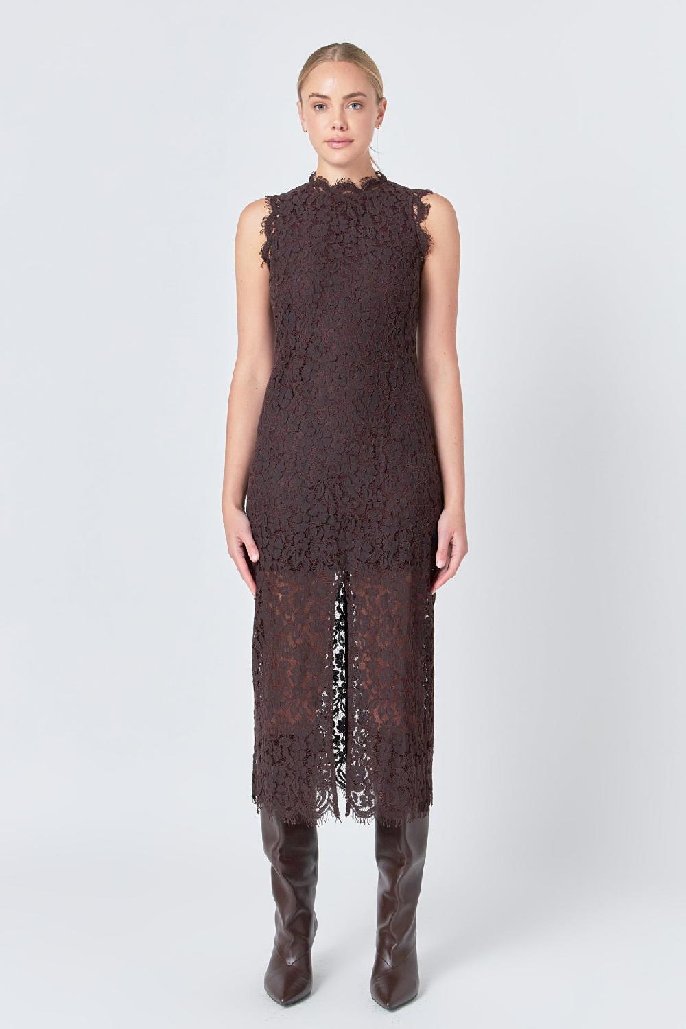 endless rose Front Slit Sleeveless Lace Maxi Dress ESPRESSO