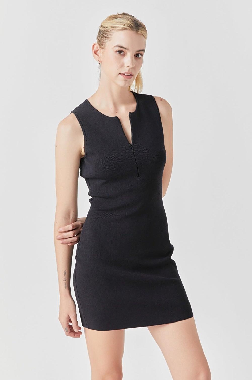 Endless Rose Front Zip Sleeveless Knit Mini Dress BLACK