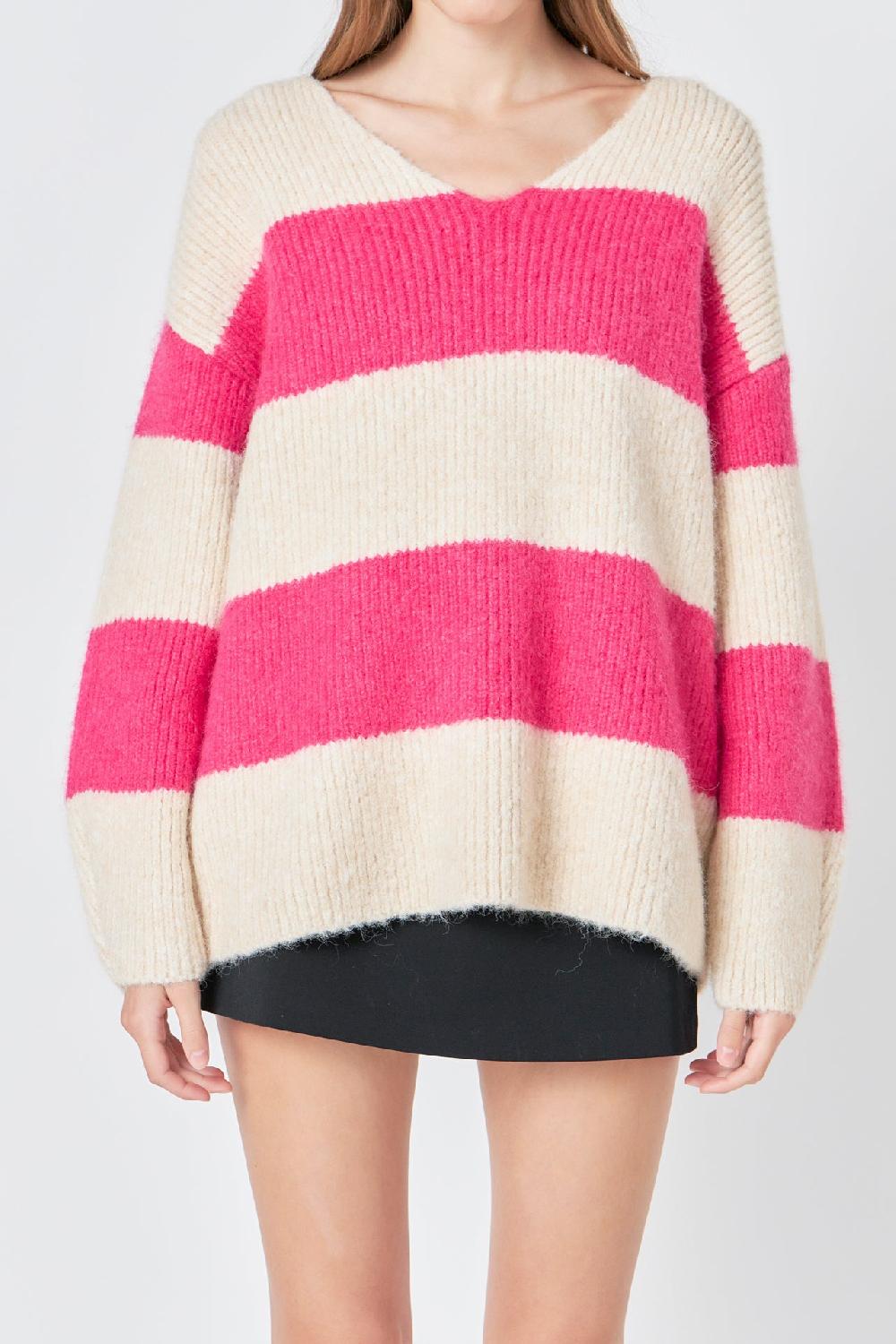 Endless Rose Fuzzy Striped Oversized Sweater BEIGE/FUCHSIA