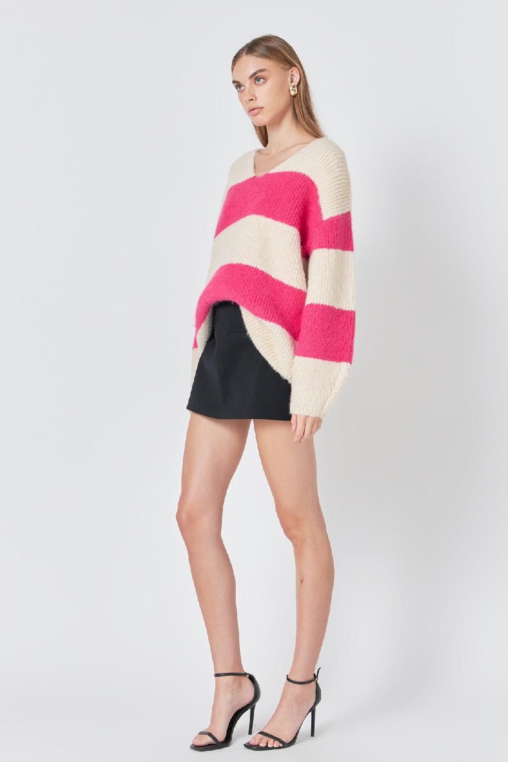 Endless Rose Fuzzy Striped Oversized Sweater BEIGE/FUCHSIA