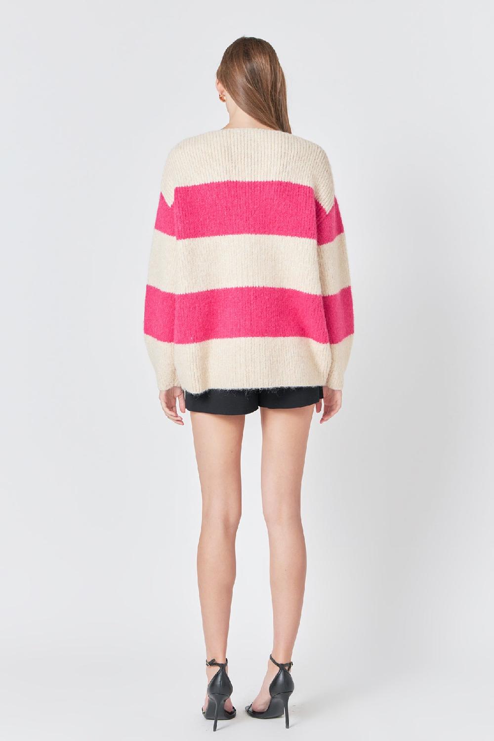 Endless Rose Fuzzy Striped Oversized Sweater BEIGE/FUCHSIA