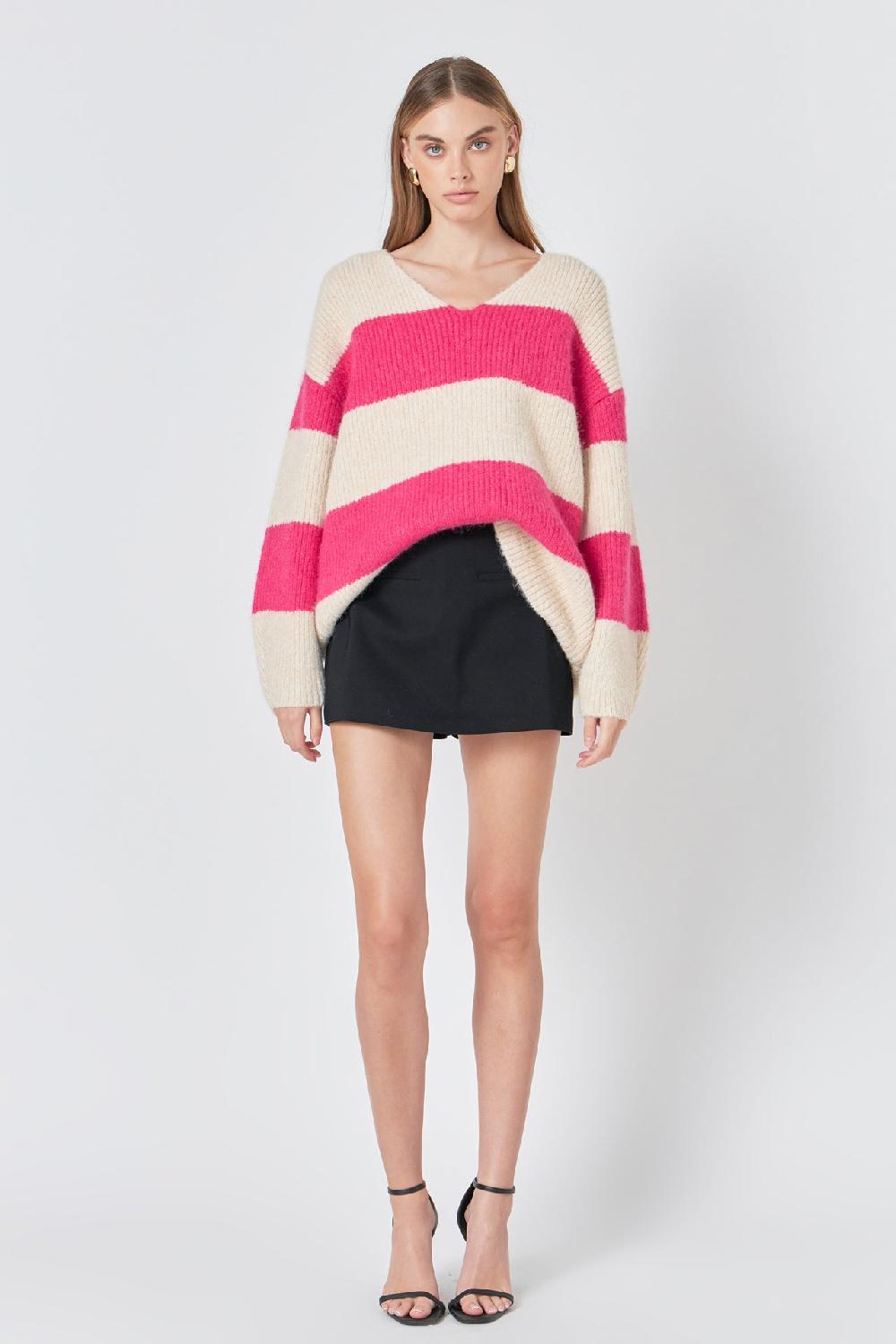 endless rose Fuzzy Striped Oversized Sweater BEIGE/FUCHSIA