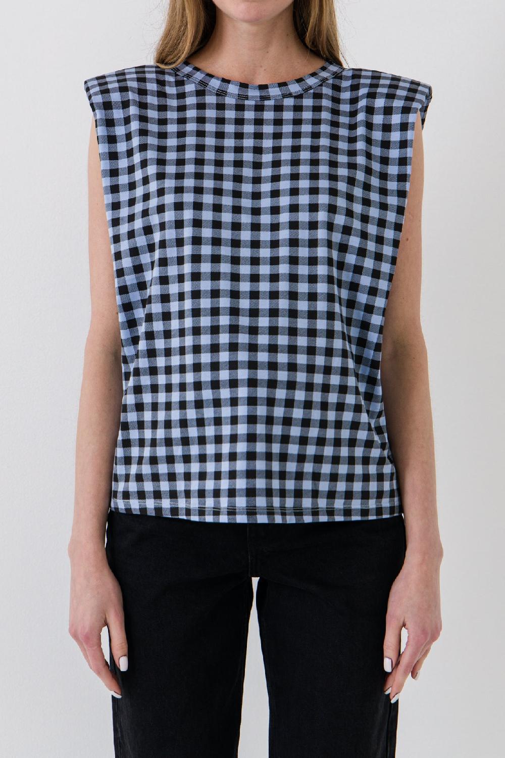 Endless Rose Gingham Print Shoulder Pad T-Shirt BLACK/BLUE