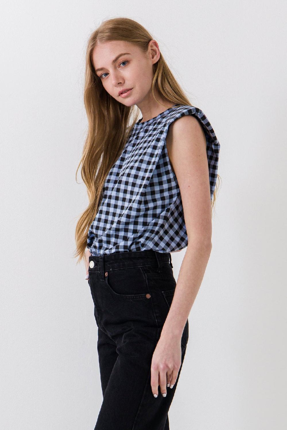 Endless Rose Gingham Print Shoulder Pad T-Shirt BLACK/BLUE
