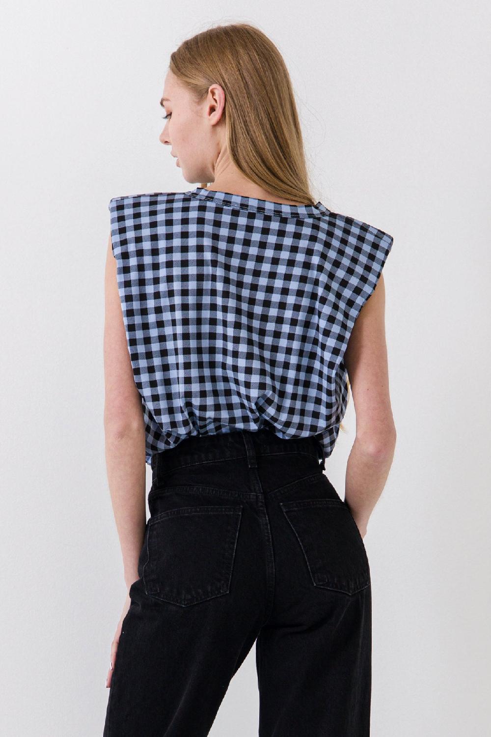 Endless Rose Gingham Print Shoulder Pad T-Shirt BLACK/BLUE