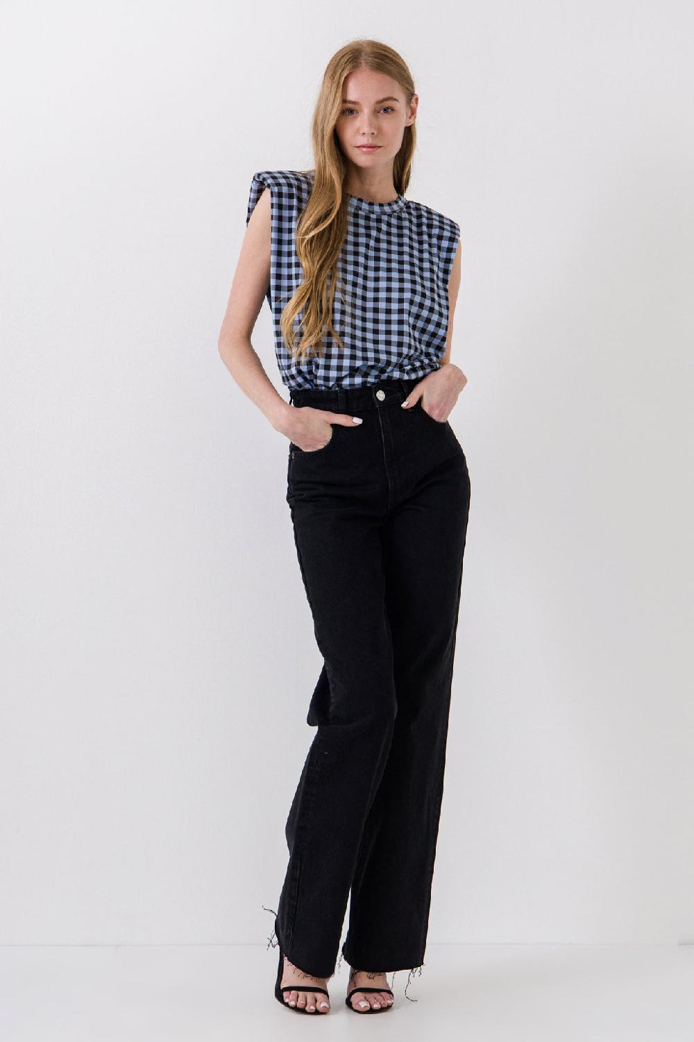 Endless Rose Gingham Print Shoulder Pad T-Shirt BLACK/BLUE